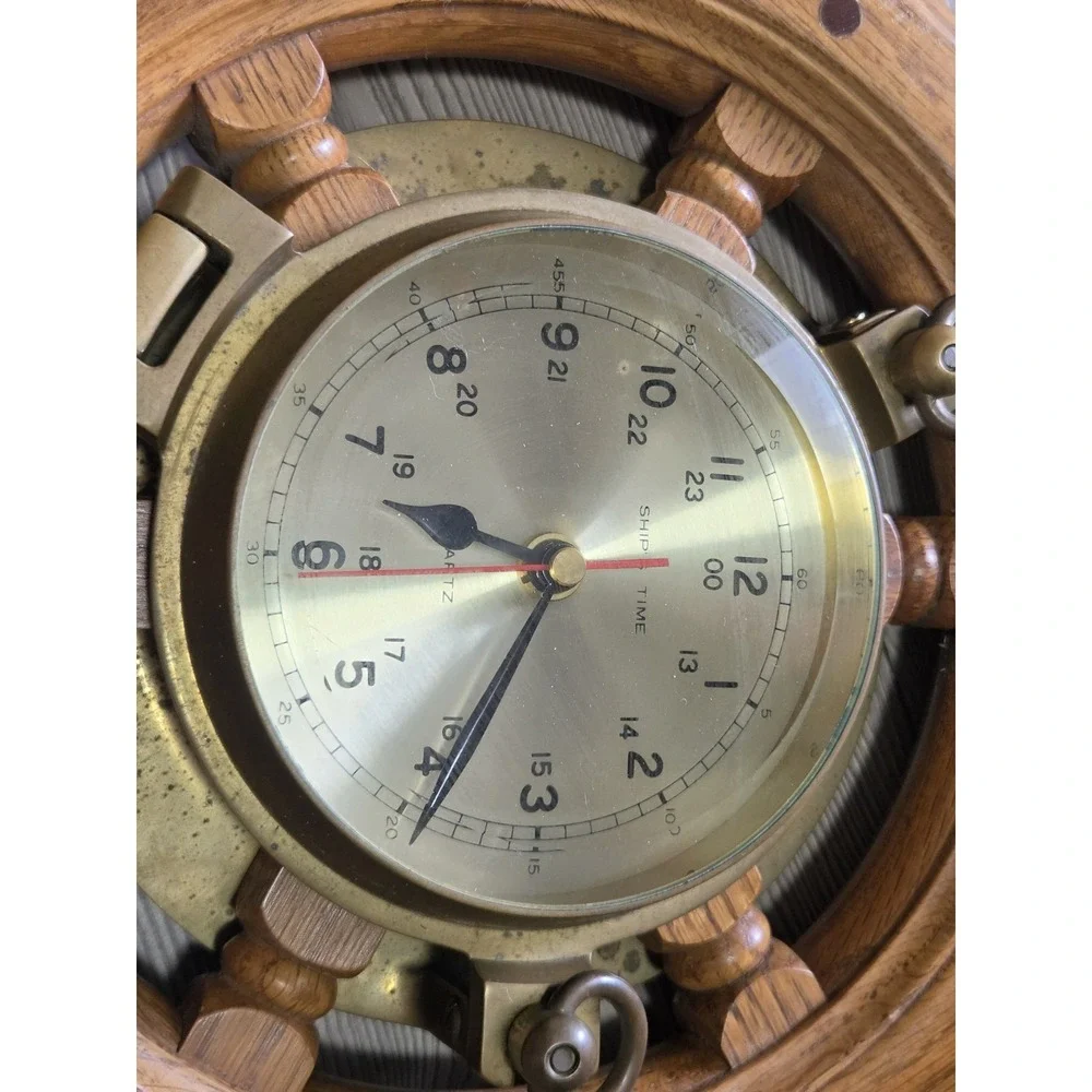 Vintage Brass & Wood Clock Ship's Time Walnut Wheel 18